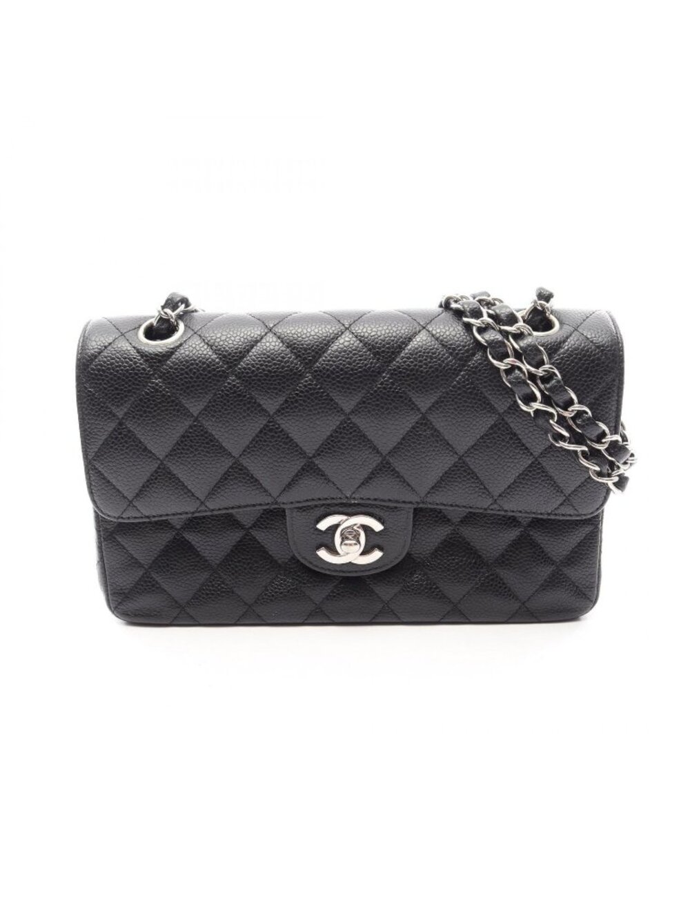 Chanel Shoulder Bag Quilted Double Flap Black Caviar Leather Chain